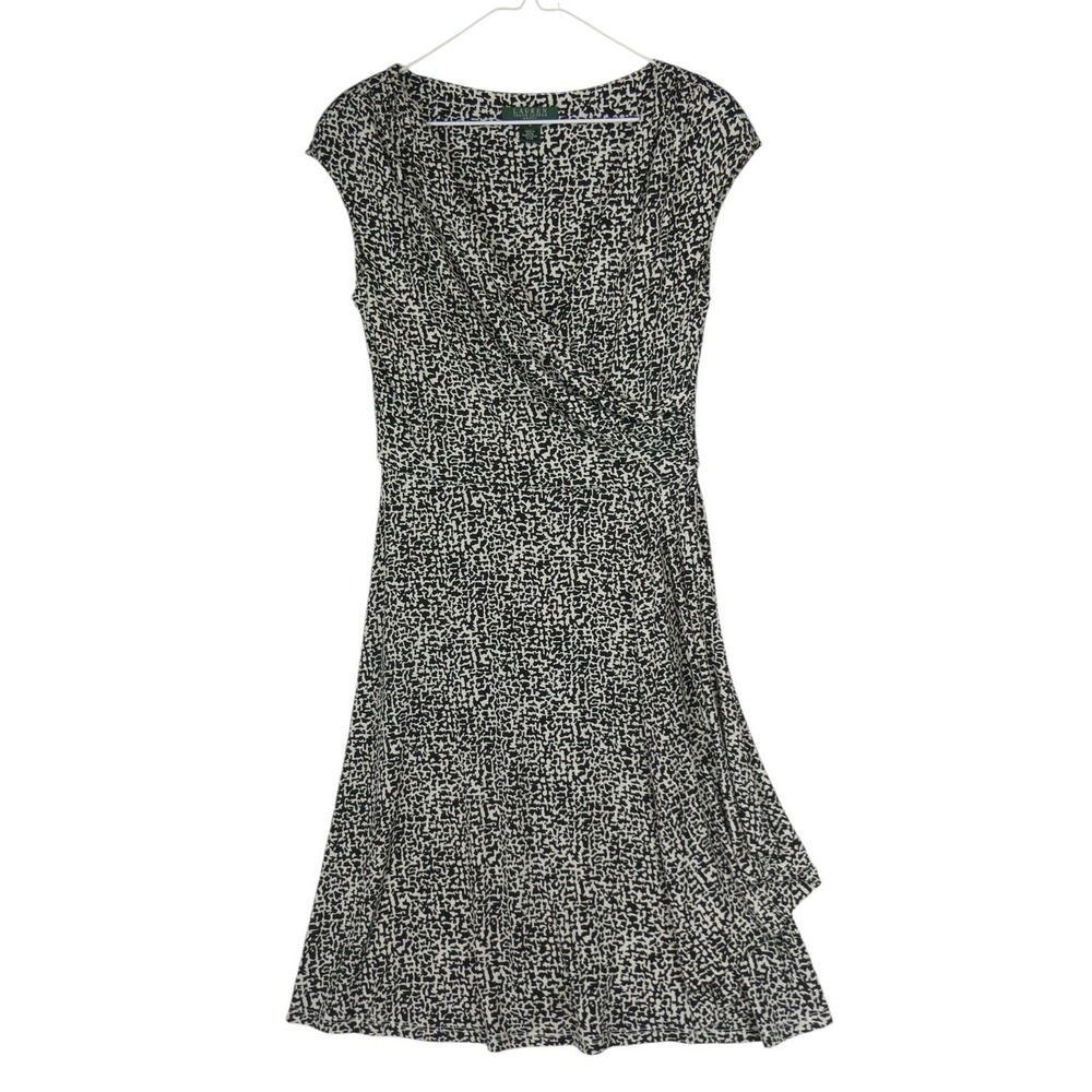 Lauren Ralph‎ Lauren Faux Wrap Dress Black White Print Sleeveless Size 10